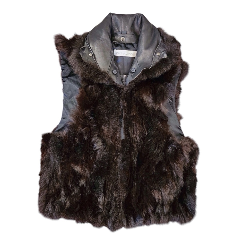 ANDREW MARC New Zealand Opossum Fur Vest with Leather Collar Dark Brown - SMALL